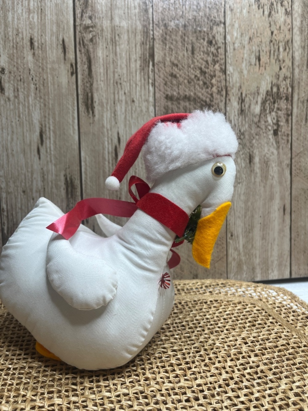 Vintage Christmas Goose Duck Fabric Plush Holiday Decor w/ Santa Hat & Wreath 8” - Picture 3 of 5